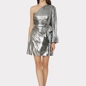 Milly Linden Silver Lame Pleated One-Shoulder Dress Size 4
